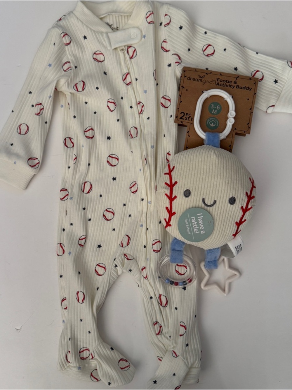 DreamGro (3-6M) Baby Footed One-Piece Zip Front and Soft Rattle Baseball Theme